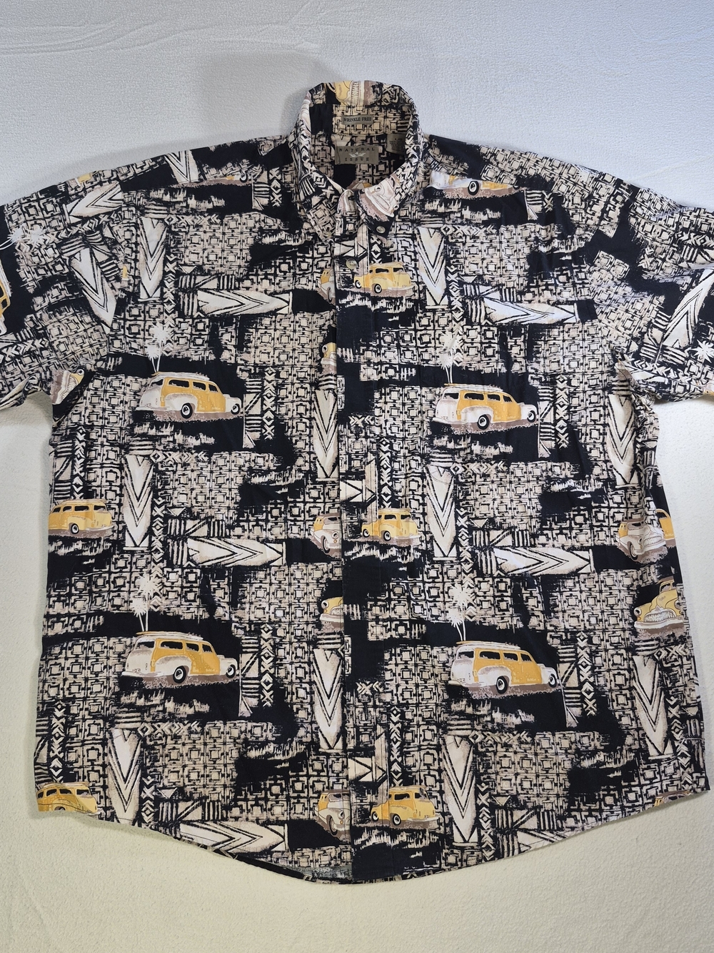 Men's Black Casual Button-Down Shirt with Yellow Car Print